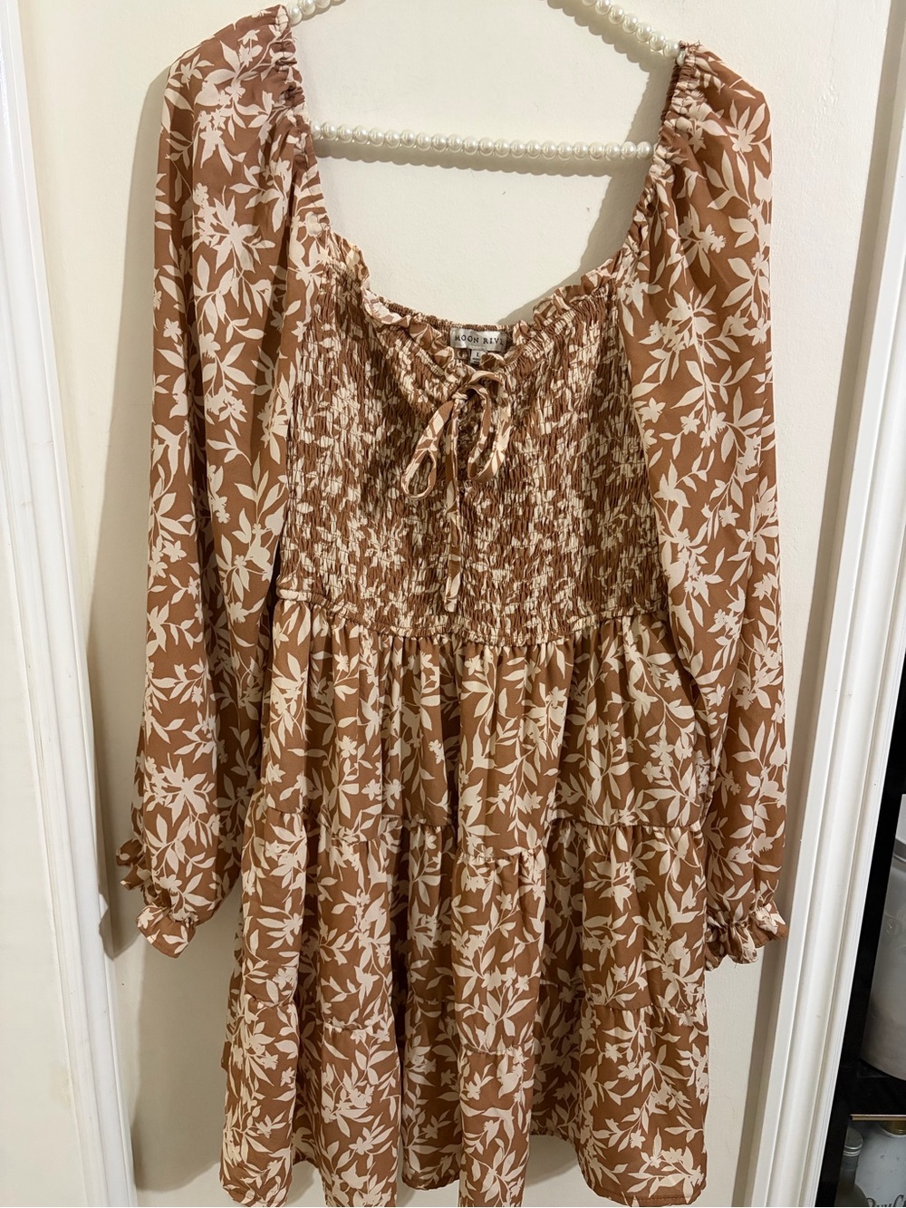 Moon River Tan Floral Smocked Mini Dress